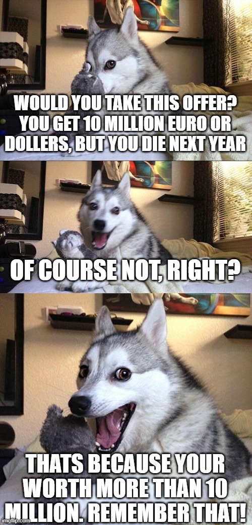Abracadabra! I'm curing your depression! | WOULD YOU TAKE THIS OFFER? YOU GET 10 MILLION EURO OR DOLLERS, BUT YOU DIE NEXT YEAR; OF COURSE NOT, RIGHT? THATS BECAUSE YOUR WORTH MORE THAN 10 MILLION. REMEMBER THAT! | image tagged in memes,bad pun dog | made w/ Imgflip meme maker