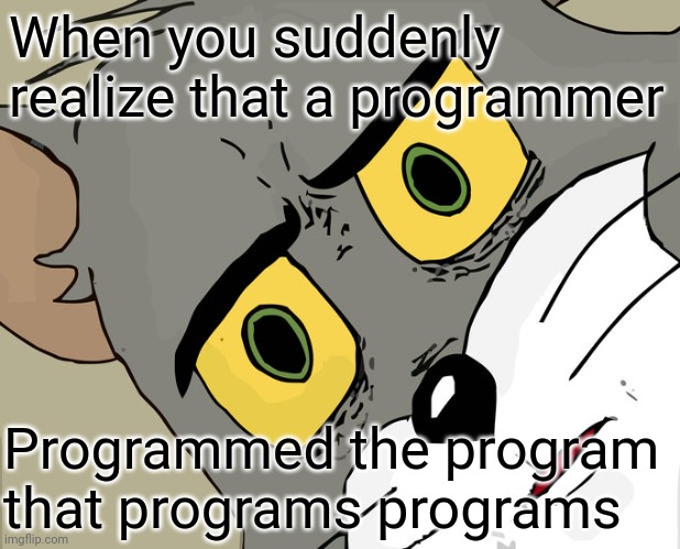 Unsettled Tom Meme | When you suddenly realize that a programmer; Programmed the program that programs programs | image tagged in memes,unsettled tom | made w/ Imgflip meme maker