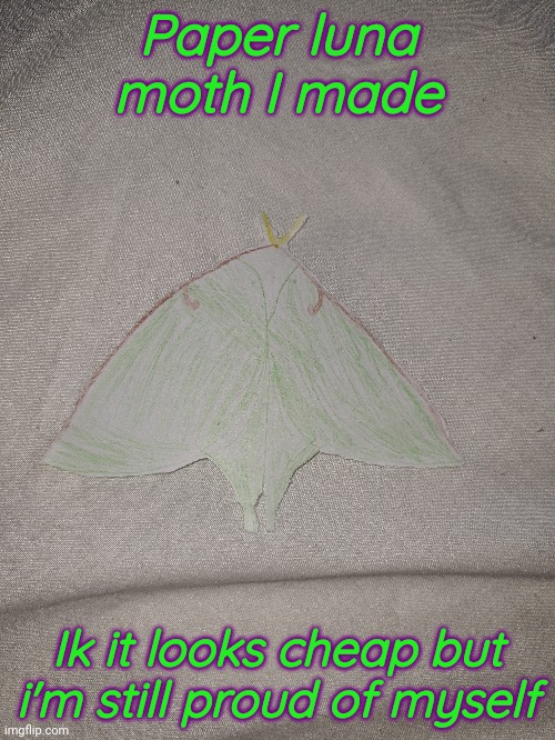 I named him Angel :) | Paper luna moth I made; Ik it looks cheap but i'm still proud of myself | image tagged in luna moth,moth,paper craft | made w/ Imgflip meme maker