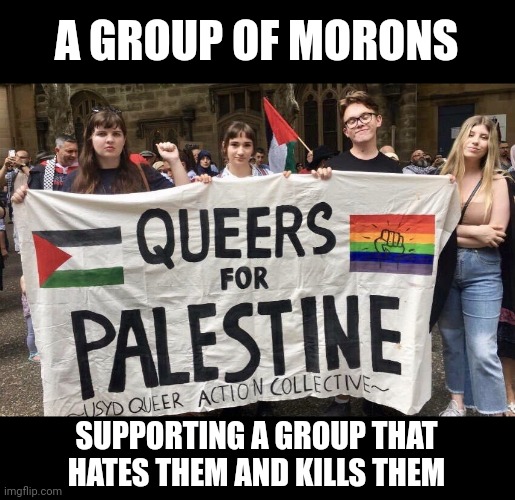 They hate a country that accepts them and love a country that murders them. Maybe they should go live in Palestine. | A GROUP OF MORONS; SUPPORTING A GROUP THAT HATES THEM AND KILLS THEM | image tagged in lgbtq,palestine,morons,ignorant | made w/ Imgflip meme maker