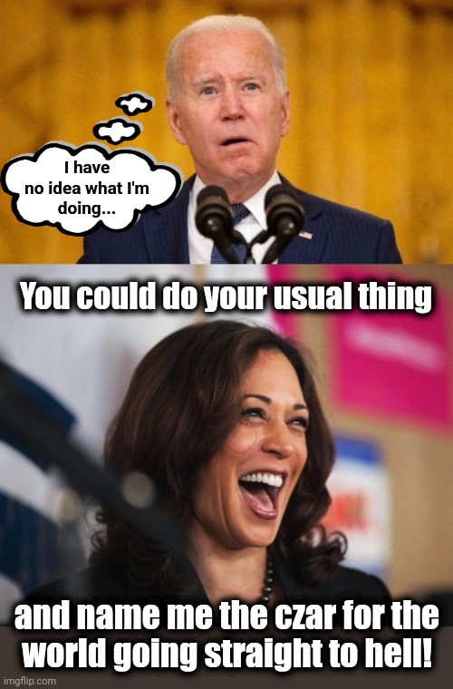 Root causes: the senile creep and the diversity hyena | I have
no idea what I'm
doing... You could do your usual thing; and name me the czar for the
world going straight to hell! | image tagged in cackling kamala harris,joe biden,clueless,war,destruction of the world,incompetence | made w/ Imgflip meme maker