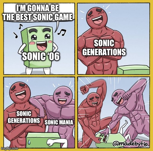 Guy getting beat up | I’M GONNA BE THE BEST SONIC GAME; SONIC GENERATIONS; SONIC ‘06; SONIC GENERATIONS; SONIC MANIA | image tagged in guy getting beat up | made w/ Imgflip meme maker