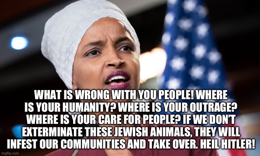 ilhan omar | WHAT IS WRONG WITH YOU PEOPLE! WHERE IS YOUR HUMANITY? WHERE IS YOUR OUTRAGE? WHERE IS YOUR CARE FOR PEOPLE? IF WE DON’T EXTERMINATE THESE J | image tagged in ilhan omar | made w/ Imgflip meme maker
