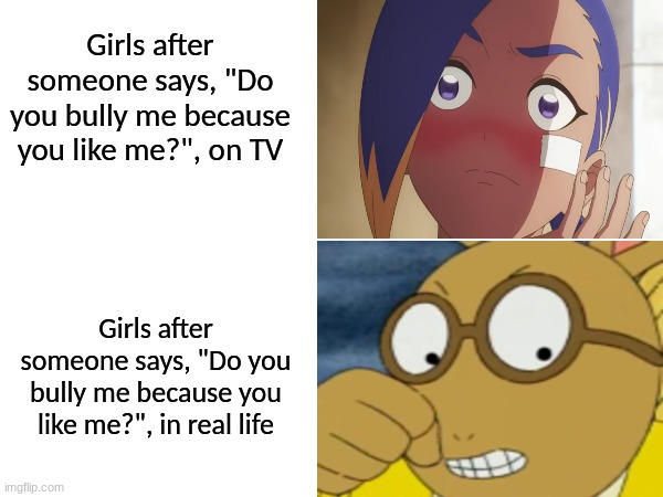 Don't believe everything you learn | Girls after someone says, "Do you bully me because you like me?", on TV; Girls after someone says, "Do you bully me because you like me?", in real life | image tagged in memes,funny,pop culture,bullying,Arthur | made w/ Imgflip meme maker