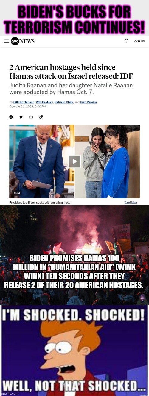 Stop paying both sides to kill each other. | BIDEN'S BUCKS FOR TERRORISM CONTINUES! BIDEN PROMISES HAMAS 100 MILLION IN "HUMANITARIAN AID" (WINK WINK) TEN SECONDS AFTER THEY RELEASE 2 OF THEIR 20 AMERICAN HOSTAGES. | image tagged in shocked,stupid,pro terrorism,democrats | made w/ Imgflip meme maker