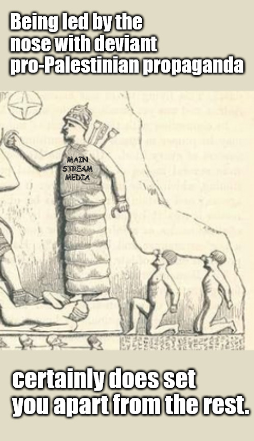 Without ideological slaves, the system would crash. | Being led by the nose with deviant pro-Palestinian propaganda; MAIN
STREAM
MEDIA; certainly does set you apart from the rest. | image tagged in memes,politics | made w/ Imgflip meme maker