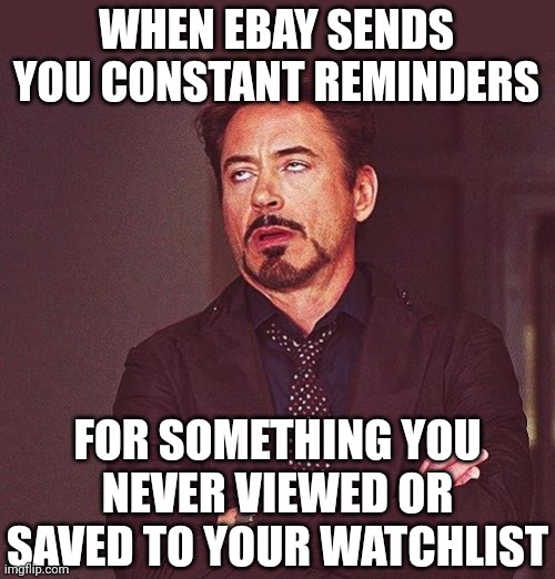 I must be old fashion, I save things I want to keep an eye on. Crazy right? | WHEN EBAY SENDS YOU CONSTANT REMINDERS; FOR SOMETHING YOU NEVER VIEWED OR SAVED TO YOUR WATCHLIST | image tagged in robert downey jr annoyed,ebay,reminder,favorites,fails,shopping | made w/ Imgflip meme maker