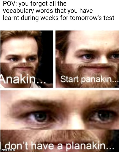 Enough to ruin your school year | POV: you forgot all the vocabulary words that you have learnt during weeks for tomorrow's test | image tagged in anakin start panakin,school,test | made w/ Imgflip meme maker