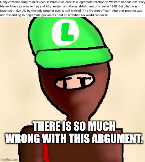 bruh islamaphobes are cringe | THERE IS SO MUCH WRONG WITH THIS ARGUMENT. | image tagged in luigichad oc drawn | made w/ Imgflip meme maker