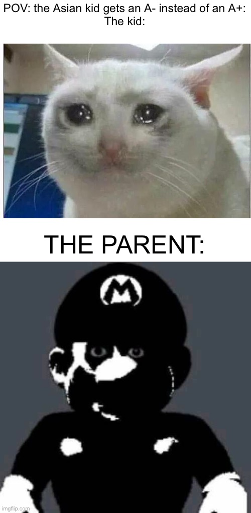 Death. | POV: the Asian kid gets an A- instead of an A+:
The kid:; THE PARENT: | image tagged in crying cat,scary mario | made w/ Imgflip meme maker