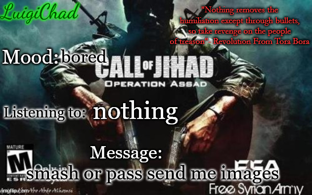 LuigiChad Announcement(with nasheed quote) | bored; nothing; smash or pass send me images | image tagged in luigichad announcement with nasheed quote | made w/ Imgflip meme maker