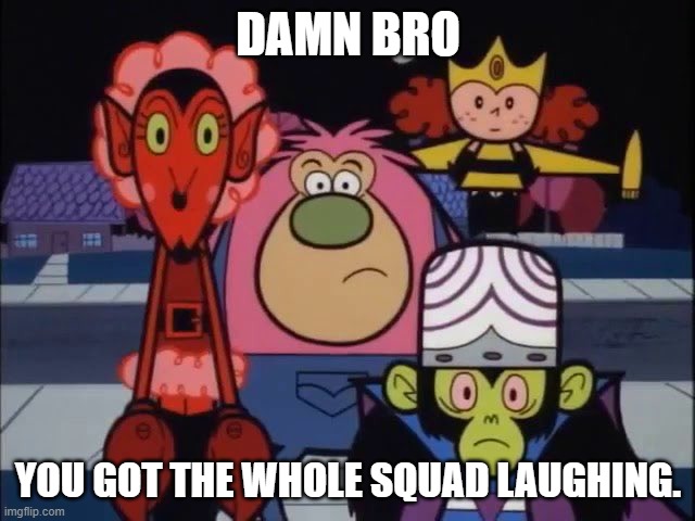 Damn puffs | DAMN BRO; YOU GOT THE WHOLE SQUAD LAUGHING. | image tagged in powerpuff girls,cartoon network,damn bro,bruh moment,bruh | made w/ Imgflip meme maker