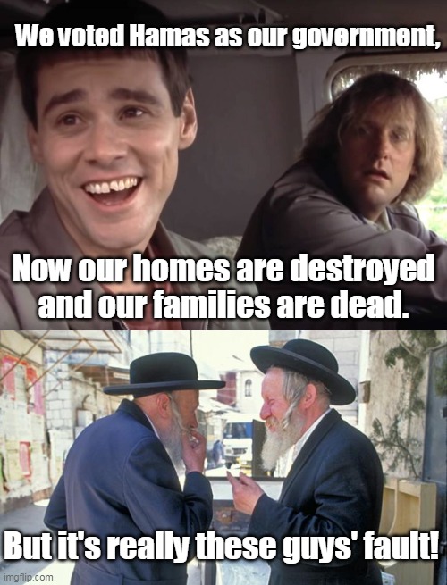 In a nutshell... | We voted Hamas as our government, Now our homes are destroyed and our families are dead. But it's really these guys' fault! | image tagged in israel jews,palestinians,hamas,gaza,victimhood,fafo | made w/ Imgflip meme maker