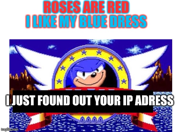 I didn't I just did it. | ROSES ARE RED; I LIKE MY BLUE DRESS; I JUST FOUND OUT YOUR IP ADRESS | image tagged in roses are red,ip address,sonic,sonic the hedgehog | made w/ Imgflip meme maker