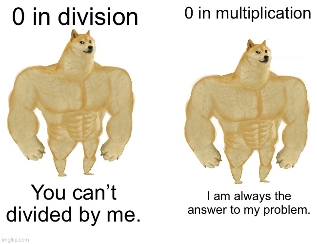 0 in … | 0 in division; 0 in multiplication; You can’t divided by me. I am always the answer to my problem. | image tagged in memes,buff doge vs cheems | made w/ Imgflip meme maker