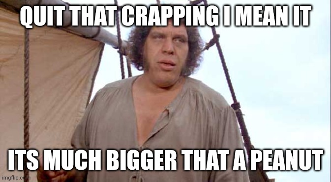 Andre | QUIT THAT CRAPPING I MEAN IT; ITS MUCH BIGGER THAT A PEANUT | image tagged in princess bride anyone want a peanut | made w/ Imgflip meme maker