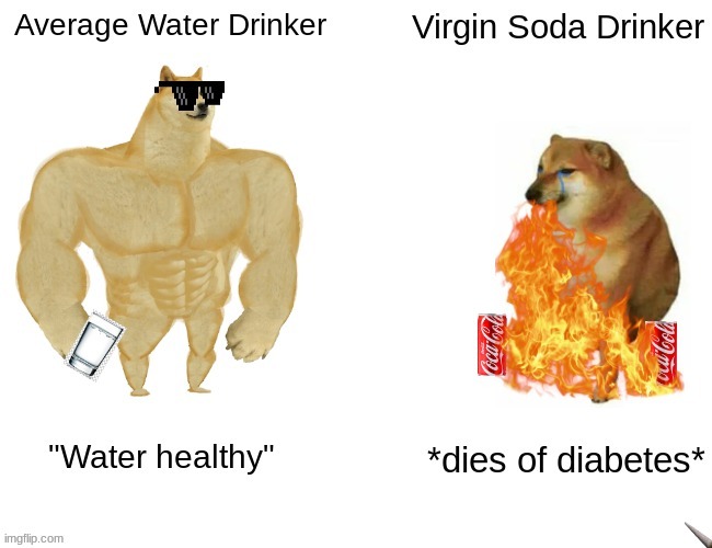Water vs Soda | image tagged in buff doge vs cheems | made w/ Imgflip meme maker