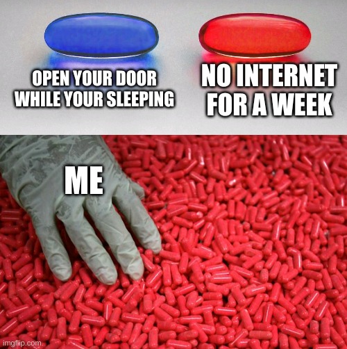 my bed broke | OPEN YOUR DOOR WHILE YOUR SLEEPING; NO INTERNET FOR A WEEK; ME | image tagged in blue or red pill | made w/ Imgflip meme maker