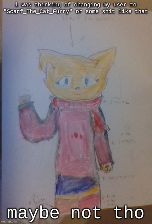 Scarf (Alt Casual Outfit) (Drawn By Scarf) | i was thinking of changing my user to "Scarf_The_Cat_Furry" or some shit like that; maybe not tho | image tagged in scarf alt casual outfit drawn by scarf | made w/ Imgflip meme maker