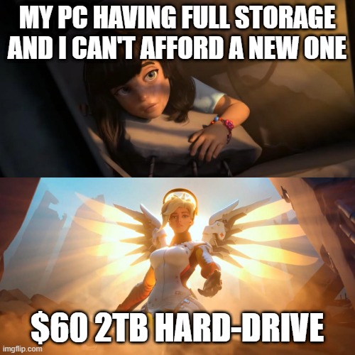 Overwatch Mercy Meme | MY PC HAVING FULL STORAGE AND I CAN'T AFFORD A NEW ONE $60 2TB HARD-DRIVE | image tagged in overwatch mercy meme | made w/ Imgflip meme maker