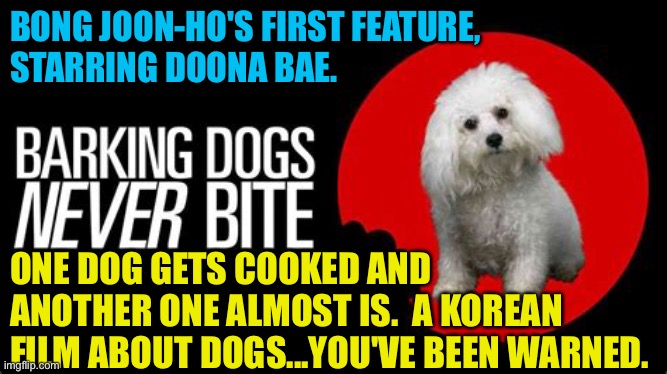 BONG JOON-HO'S FIRST FEATURE, 
STARRING DOONA BAE. ONE DOG GETS COOKED AND ANOTHER ONE ALMOST IS.  A KOREAN FILM ABOUT DOGS...YOU'VE BEEN WA | made w/ Imgflip meme maker