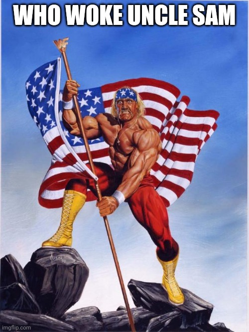 Hulk hogan merica  | WHO WOKE UNCLE SAM | image tagged in hulk hogan merica | made w/ Imgflip meme maker