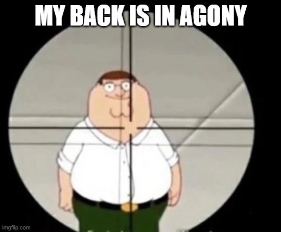 peter griffin sniper | MY BACK IS IN AGONY | image tagged in peter griffin sniper | made w/ Imgflip meme maker