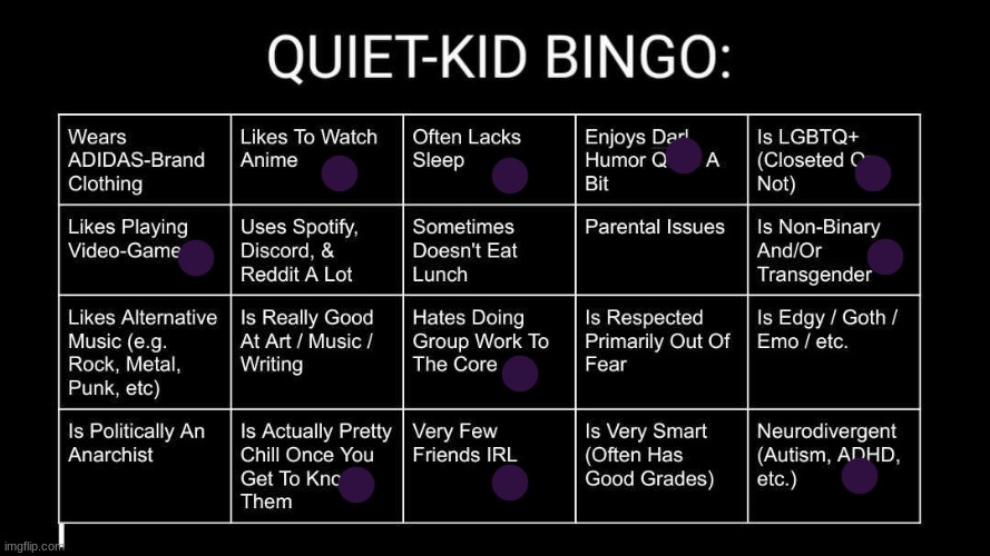 Quiet Kid Bingo | image tagged in quiet kid bingo,i have your ip address | made w/ Imgflip meme maker