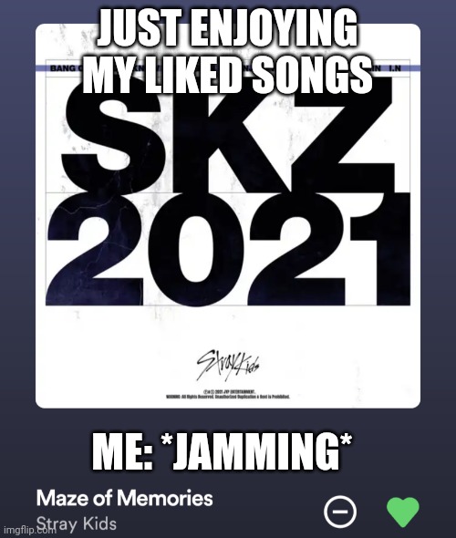 Skz | JUST ENJOYING MY LIKED SONGS; ME: *JAMMING* | image tagged in skz2021 | made w/ Imgflip meme maker