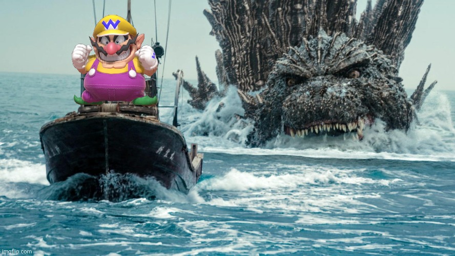 Wario dies by Godzilla while going for a boat ride.mp3 | image tagged in minus one godzilla swims towards the small boat,wario dies,wario,godzilla,kaiju,monster | made w/ Imgflip meme maker