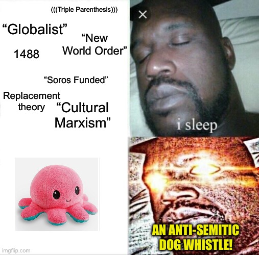 And just like that the Right suddenly cares about antisemitism. | “Globalist”; (((Triple Parenthesis))); “New World Order”; 1488; “Soros Funded”; Replacement theory; “Cultural Marxism”; AN ANTI-SEMITIC DOG WHISTLE! | image tagged in memes,sleeping shaq,antisemitism,greta thunberg,palestine,israel | made w/ Imgflip meme maker