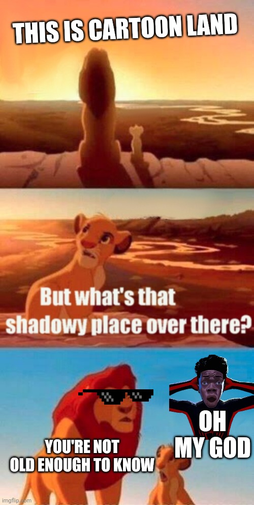 Simba Shadowy Place | THIS IS CARTOON LAND; OH MY GOD; YOU'RE NOT OLD ENOUGH TO KNOW | image tagged in memes,simba shadowy place | made w/ Imgflip meme maker