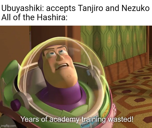 Y u do dis Mastah?! | Ubuyashiki: accepts Tanjiro and Nezuko
All of the Hashira: | image tagged in years of academy training wasted | made w/ Imgflip meme maker