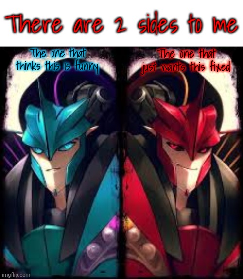 There Are 2 Sides To Me | The one that thinks this is funny The one that just wants this fixed | image tagged in there are 2 sides to me | made w/ Imgflip meme maker