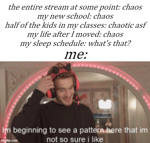 just a recap of my life so far (-.-;) (Shadow note:  same)  | the entire stream at some point: chaos
my new school: chaos
half of the kids in my classes: chaotic asf
my life after I moved: chaos
my sleep schedule: what's that? me: | image tagged in im beginning to see a pattern here im not so sure i like | made w/ Imgflip meme maker