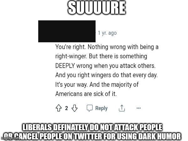 SUUUURE LIBERALS DEFINATELY DO NOT ATTACK PEOPLE OR CANCEL PEOPLE ON TWITTER FOR USING DARK HUMOR | made w/ Imgflip meme maker