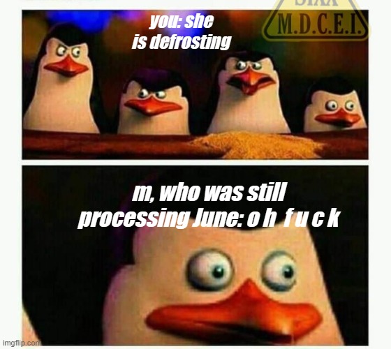 Penguins of Madagascar - Oh CRAP! | you: she is defrosting m, who was still processing June: o h  f u c k | image tagged in penguins of madagascar - oh crap | made w/ Imgflip meme maker