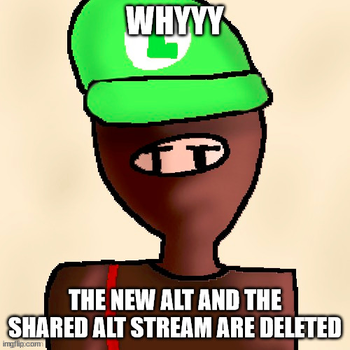 y'all can't event last a day | WHYYY; THE NEW ALT AND THE SHARED ALT STREAM ARE DELETED | image tagged in luigichad oc drawn | made w/ Imgflip meme maker