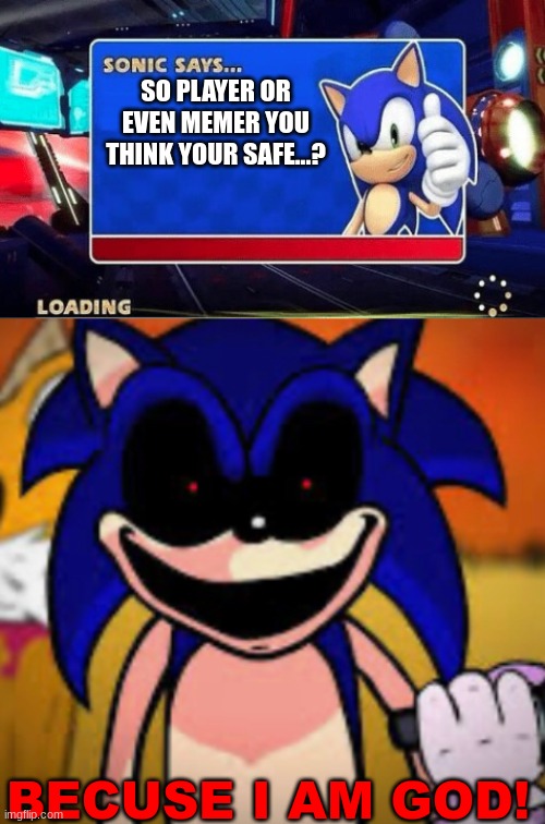 SO PLAYER OR EVEN MEMER YOU THINK YOUR SAFE...? BECUSE I AM GOD! | image tagged in sonic says,sonic exe | made w/ Imgflip meme maker