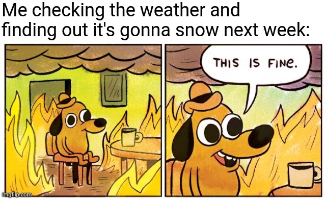 Did I mention I hate winter? | Me checking the weather and finding out it's gonna snow next week: | image tagged in memes,this is fine,fml,winter is coming,relatable,funny | made w/ Imgflip meme maker