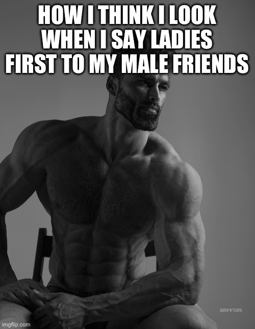 D | HOW I THINK I LOOK WHEN I SAY LADIES FIRST TO MY MALE FRIENDS | image tagged in giga chad,true story | made w/ Imgflip meme maker