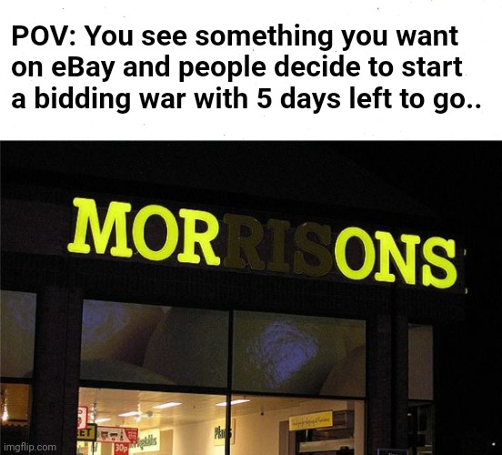 Mor    ons | POV: You see something you want on eBay and people decide to start a bidding war with 5 days left to go.. | image tagged in morons,ebay,funny,auction | made w/ Imgflip meme maker