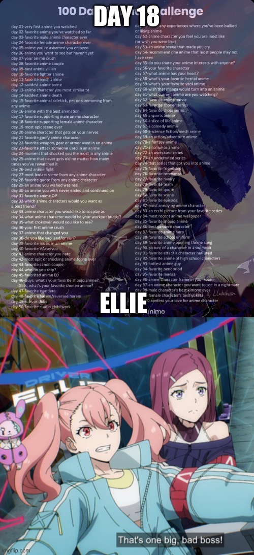 DAY 18; ELLIE | image tagged in 100 day anime challenge | made w/ Imgflip meme maker