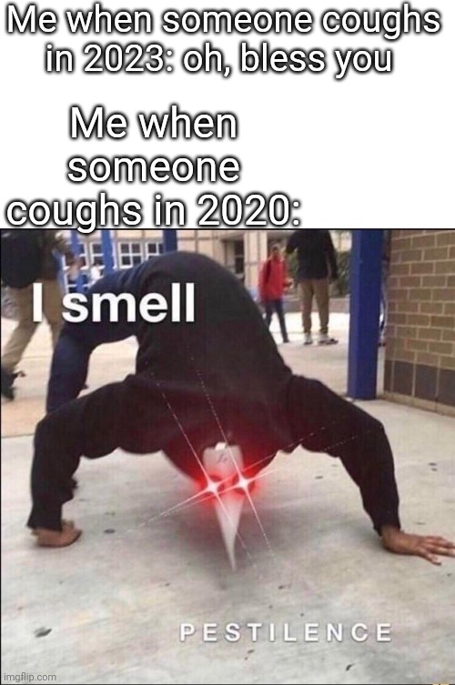 Oh boy where's the hand sanitizer and sprayer | Me when someone coughs in 2023: oh, bless you; Me when someone coughs in 2020: | image tagged in covid,memes | made w/ Imgflip meme maker