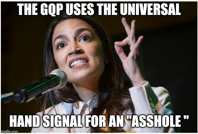 aoc | THE GQP USES THE UNIVERSAL; HAND SIGNAL FOR AN "ASSHOLE " | image tagged in aoc ok hand gesture,gqp | made w/ Imgflip meme maker