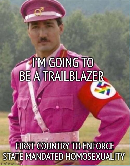 Why not? He's divorced now. | I'M GOING TO BE A TRAILBLAZER; FIRST COUNTRY TO ENFORCE STATE MANDATED HOMOSEXUALITY | image tagged in gay nazi trudeau,justin trudeau | made w/ Imgflip meme maker