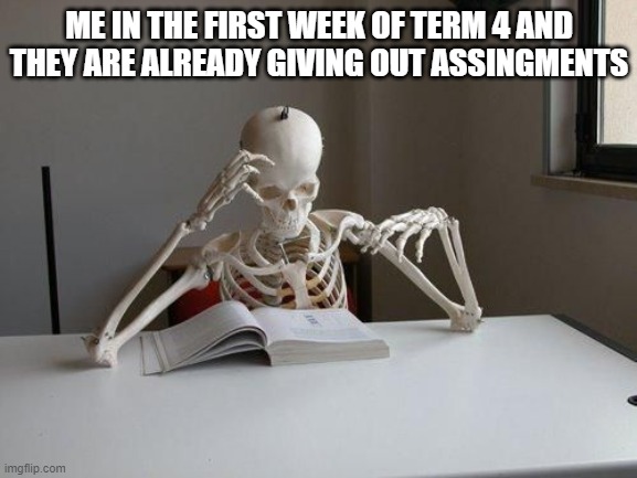 bruh | ME IN THE FIRST WEEK OF TERM 4 AND THEY ARE ALREADY GIVING OUT ASSINGMENTS | image tagged in death by studying | made w/ Imgflip meme maker