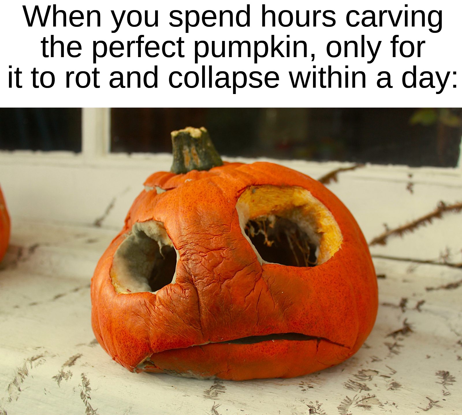 The worst thing that could possibly happen... | When you spend hours carving the perfect pumpkin, only for it to rot and collapse within a day: | image tagged in memes,funny,true story,relatable memes,halloween,spooky month | made w/ Imgflip meme maker