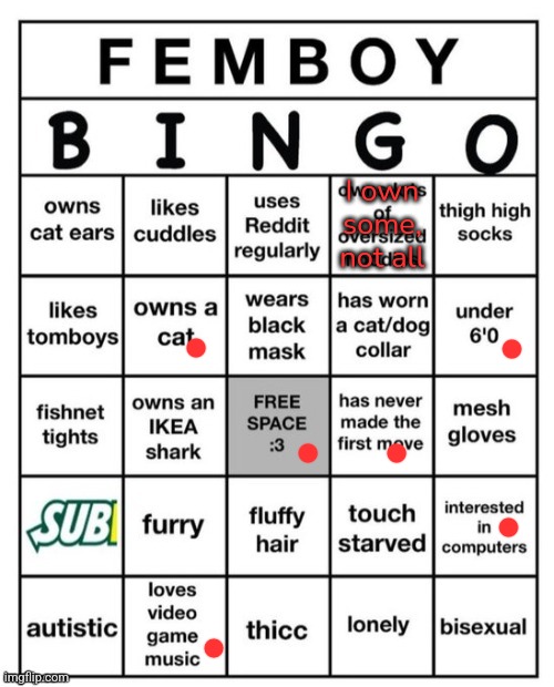 I'm bored af, not a femboy btw | I own some, not all | image tagged in femboy bingo | made w/ Imgflip meme maker