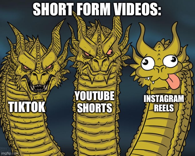Ik YouTube shorts is a little cringey | SHORT FORM VIDEOS:; YOUTUBE SHORTS; INSTAGRAM REELS; TIKTOK | image tagged in three-headed dragon | made w/ Imgflip meme maker
